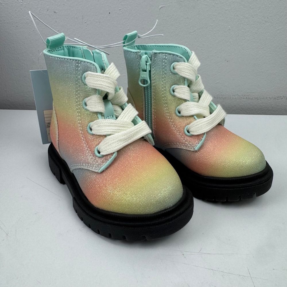 Cat & Jack Toddler Girls Amaya Rainbow Ombre Glitter Combat Boots Size 6 NWT
